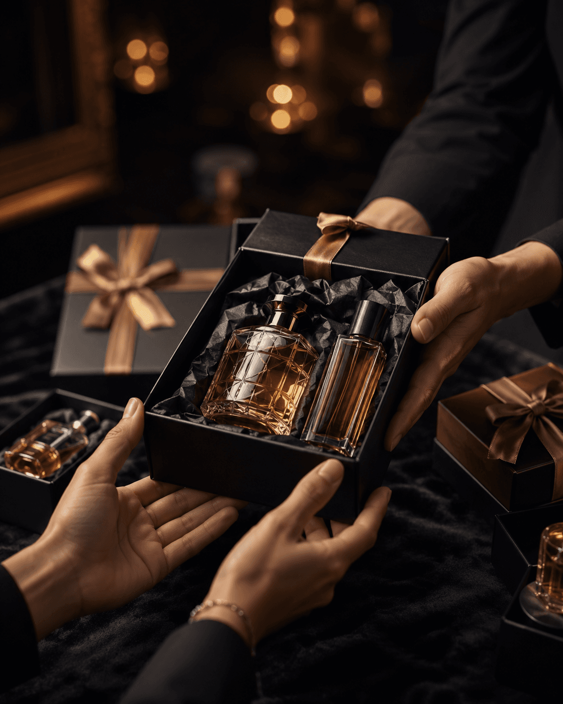 Kit presenteável com frasco de perfume em caixa preta com laço dourado